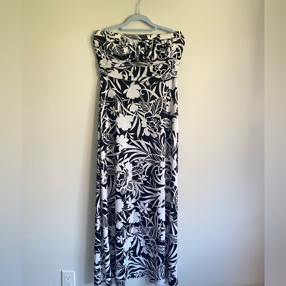 VINTAGE STRAPLESS MAXI BLACK WHITE FLORAL DRESS BY WHITE HOUSEBLACK MARKETSIZE M - Picture 2 of 8